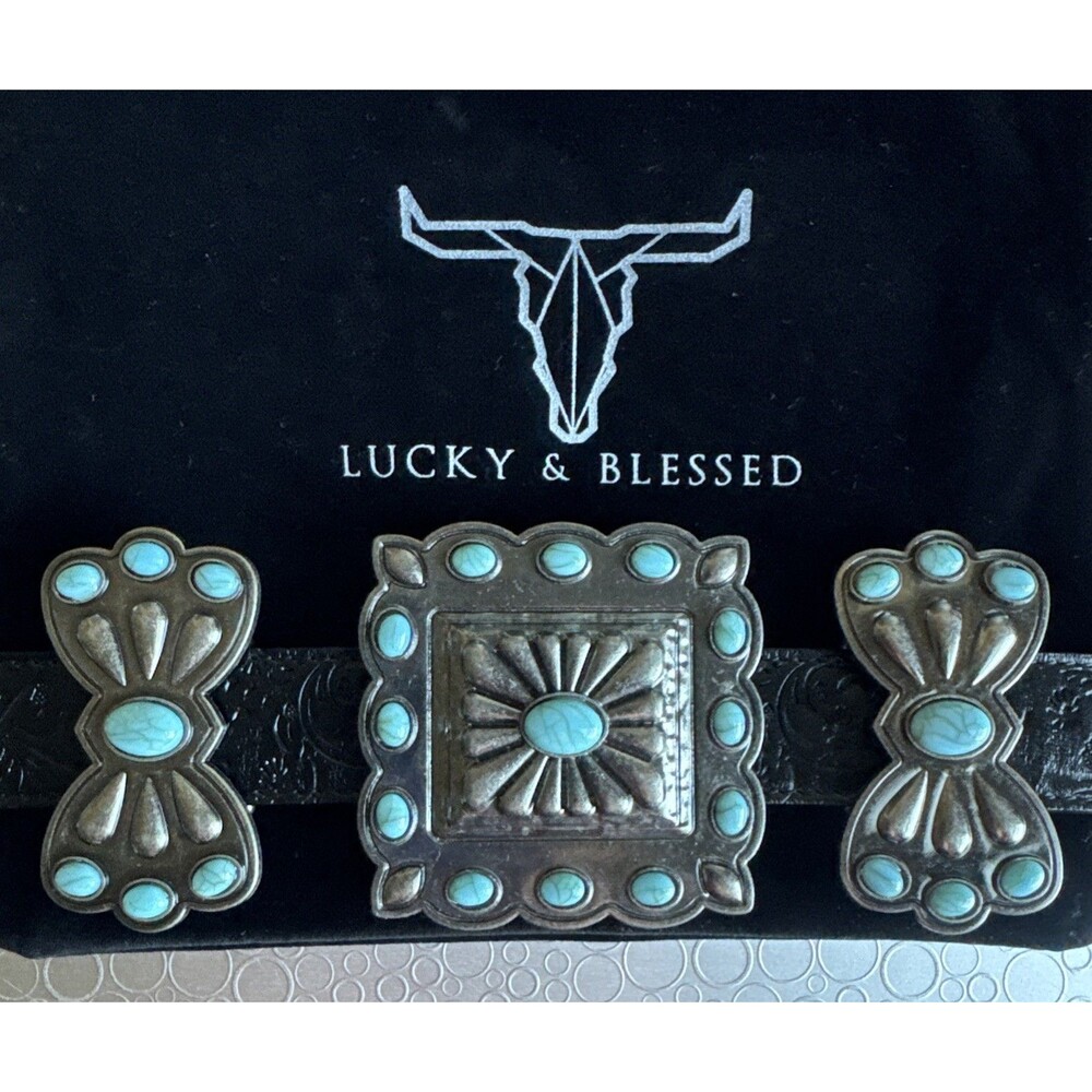 NWT Lucky & Blessed Black Embossed Concho Belt - Size L Runs Bigger Dust Bag - Picture 7 of 15
